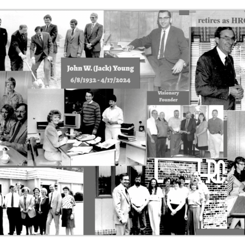 A collage of black and white photos memorializes John W. (Jack) Young, featuring him in various professional settings and with groups of people, with text overlaying some images indicating his name, birth and death dates, and his role as a "Visionary Founder."