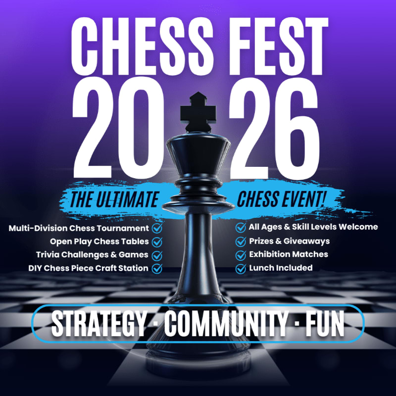 A large black chess king stands in the foreground against a purple gradient background advertising "Chess Fest 2026" with details of the event.