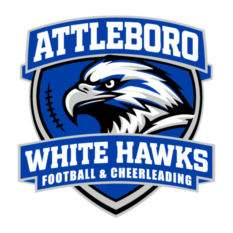 A fierce white hawk with a blue outline is centered on a blue shield with "ATTLEBORO" emblazoned above it and "WHITE HAWKS FOOTBALL & CHEERLEADING" below it, all on a white background.