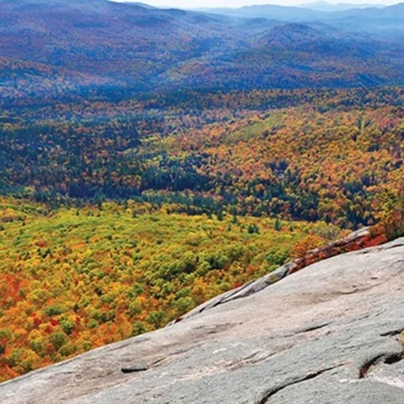 A rocky, grey foreground slopes down towards a valley filled with vibrant autumn foliage and distant blue mountains.