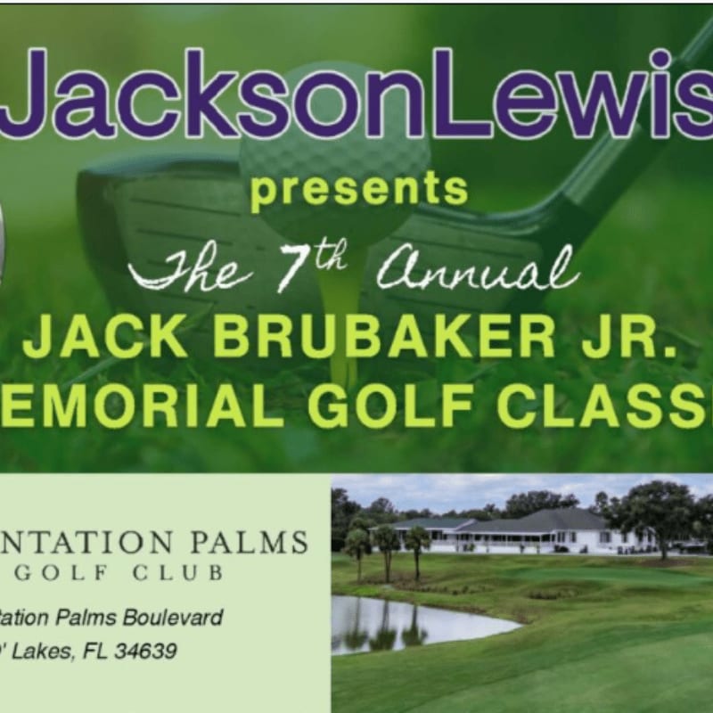 A golf club and ball are in the foreground with text announcing the 7th Annual Jack Brubaker Jr. Memorial Golf Classic, while the background features a golf course with a building and trees.