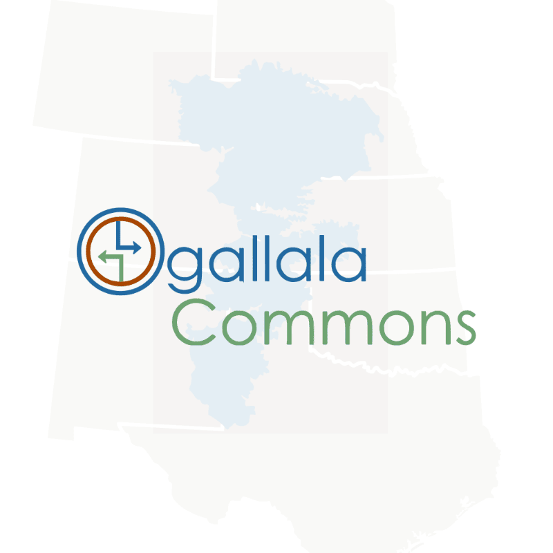 A logo with the words "Ogallala Commons" and a circular arrow symbol is superimposed over a faint map of several states.