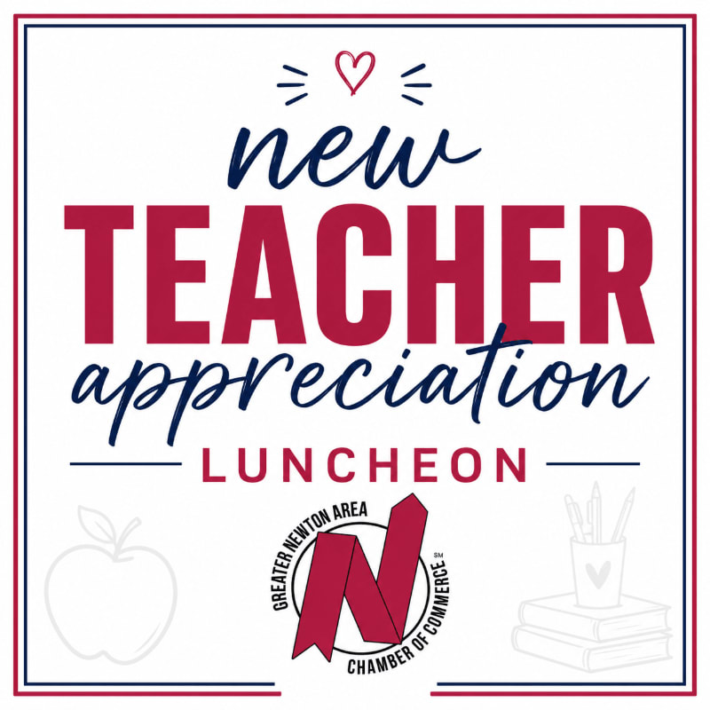 A white background frames a red and blue graphic celebrating a "New Teacher Appreciation Luncheon," with an apple outline on the left and a cup of pencils on books on the right.