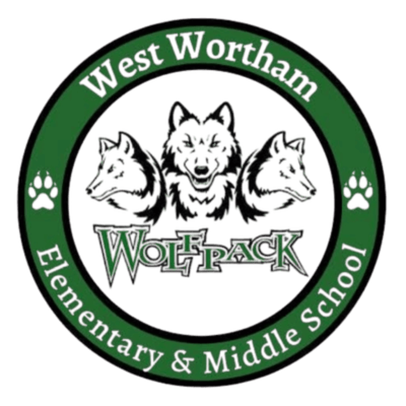 A circular logo with three wolf heads in the foreground and the words "West Wortham Elementary & Middle School Wolfpack" in the background.
