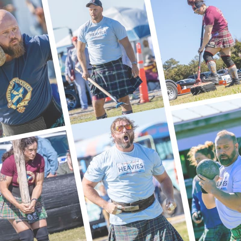 Athletes in kilts participate in a strongman competition with a crowd and tents in the background.
