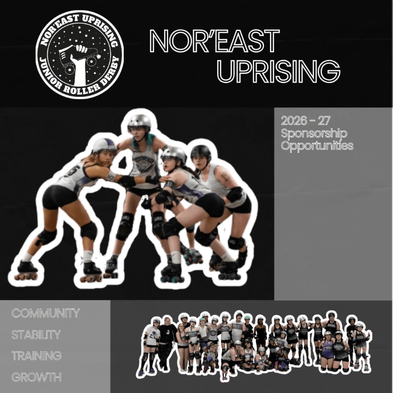 Four young women in roller derby gear huddle together in the foreground, while a larger group of skaters poses in the background, all against a dark, graphic design with text about sponsorship opportunities.