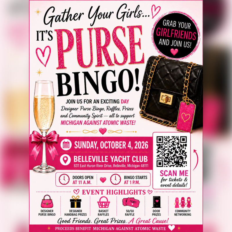 A pink and white flyer advertises a "Purse Bingo" event with a champagne glass in the foreground and a black designer purse in the background.