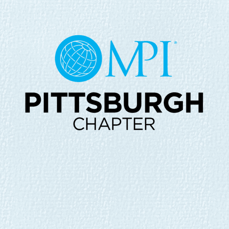 A blue globe and the letters "MPI" are in the foreground, with "PITTSBURGH CHAPTER" below them, all set against a light blue textured background.