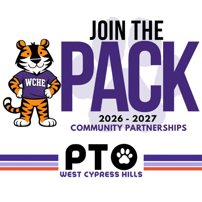 A cartoon tiger in a purple shirt stands to the left of large purple text that reads "JOIN THE PACK" with "2026-2027 COMMUNITY PARTNERSHIPS" below it, all against a white background with a faint tiger paw print behind the text and a purple and orange striped bar at the bottom.