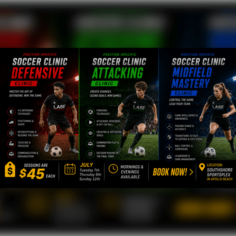 Three soccer players are featured in the foreground on a soccer field, with clinic details and booking information in the background.