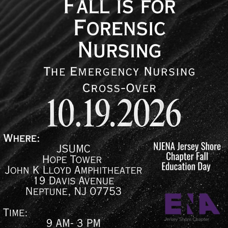 Text announcing a forensic nursing event on October 19, 2026, is overlaid on a textured background resembling sand dunes.