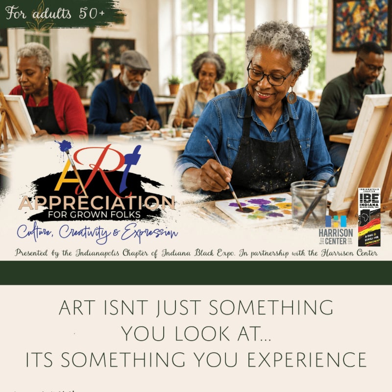 Elderly adults engage in a painting class in a bright studio, with the event's title and a motivational quote overlayed.