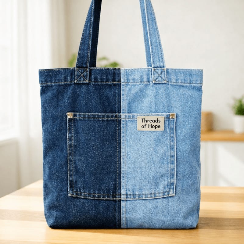 A split denim tote bag with two different washes sits on a wooden table, with a blurred background of a bright room.