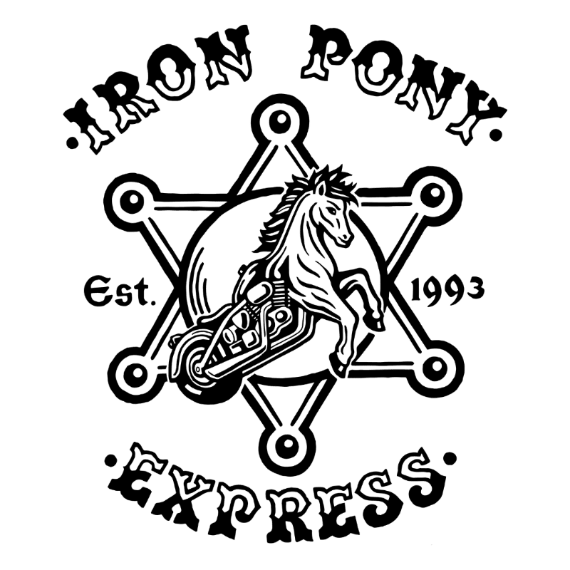 A stylized horse on a motorcycle is superimposed on a sheriff's star, with "IRON PONY EXPRESS Est. 1993" encircling the emblem.