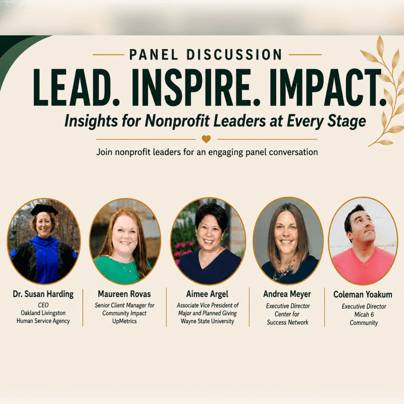 Five circular portraits of nonprofit leaders are displayed in the foreground against a background of text announcing a panel discussion on leadership.
