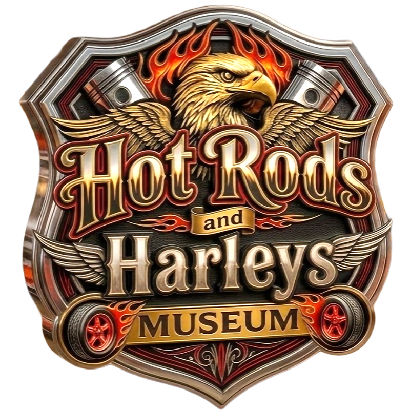 A metallic shield logo for "Hot Rods and Harleys Museum" features an eagle with flaming wings and pistons in the foreground, set against a dark, textured background.