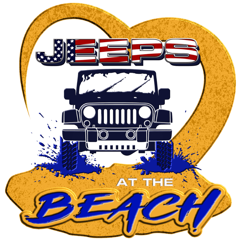 A navy blue Jeep splashes through sand within a golden heart-shaped frame, with "JEEPS AT THE BEACH" written in patriotic and blue lettering against a white background.