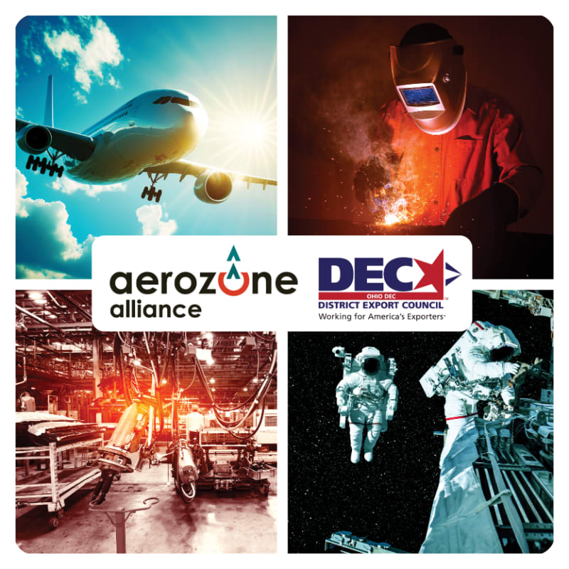 A collage features an airplane in the sky, a welder at work, a factory floor, and astronauts in space, all surrounding logos for "aerozone alliance" and "DEC".