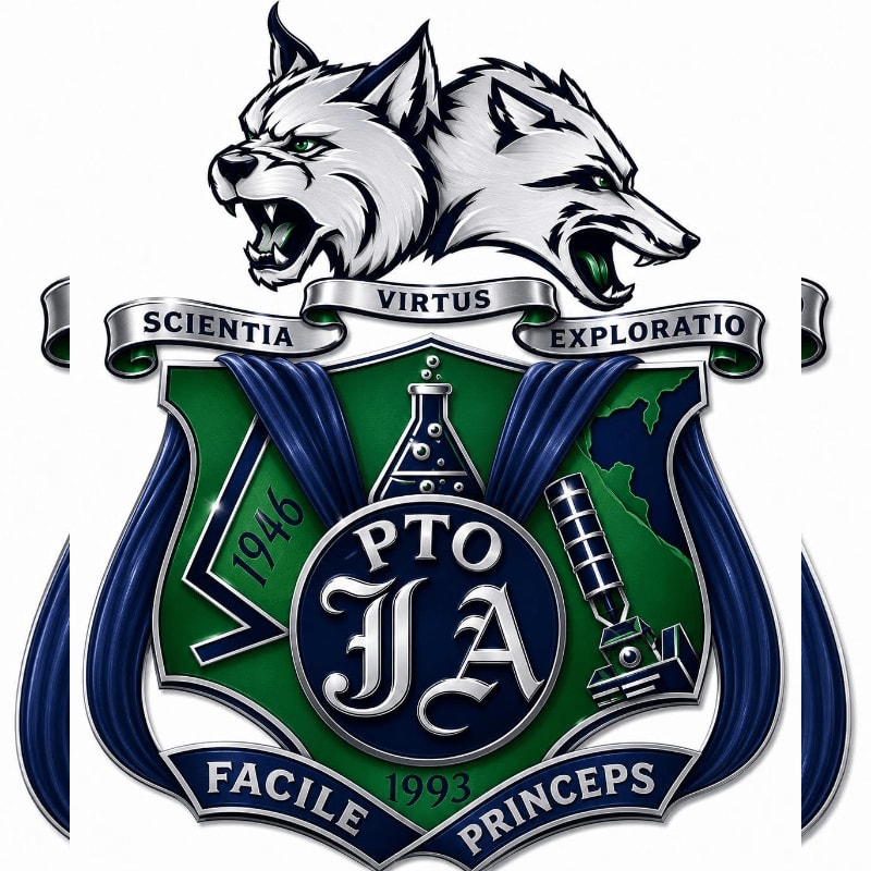Two fierce wolf heads loom over a green and blue crest featuring scientific and educational symbols, with a banner proclaiming "Facile Princeps" below.