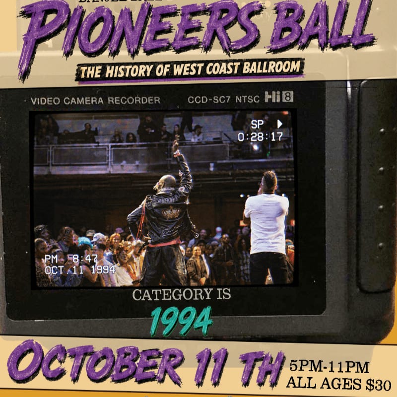 A vintage video camera displays a lively ballroom scene from 1994, with the "Pioneers Ball: The History of West Coast Ballroom" event details overlaid on the camera and a purple banner.