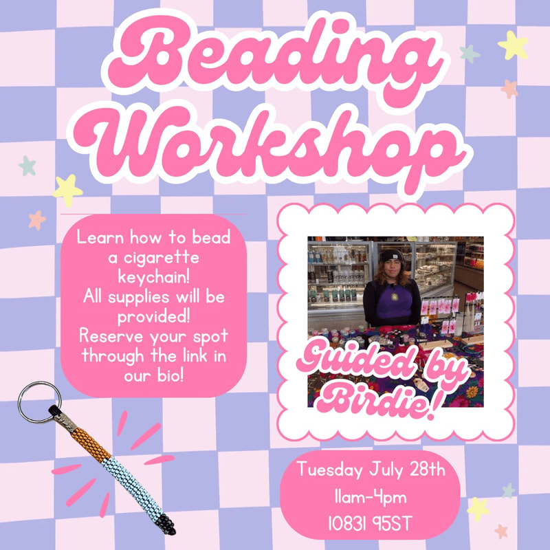 A beading workshop is advertised with a beaded keychain in the foreground and a photo of the instructor in the background, all set against a checkered pastel backdrop.