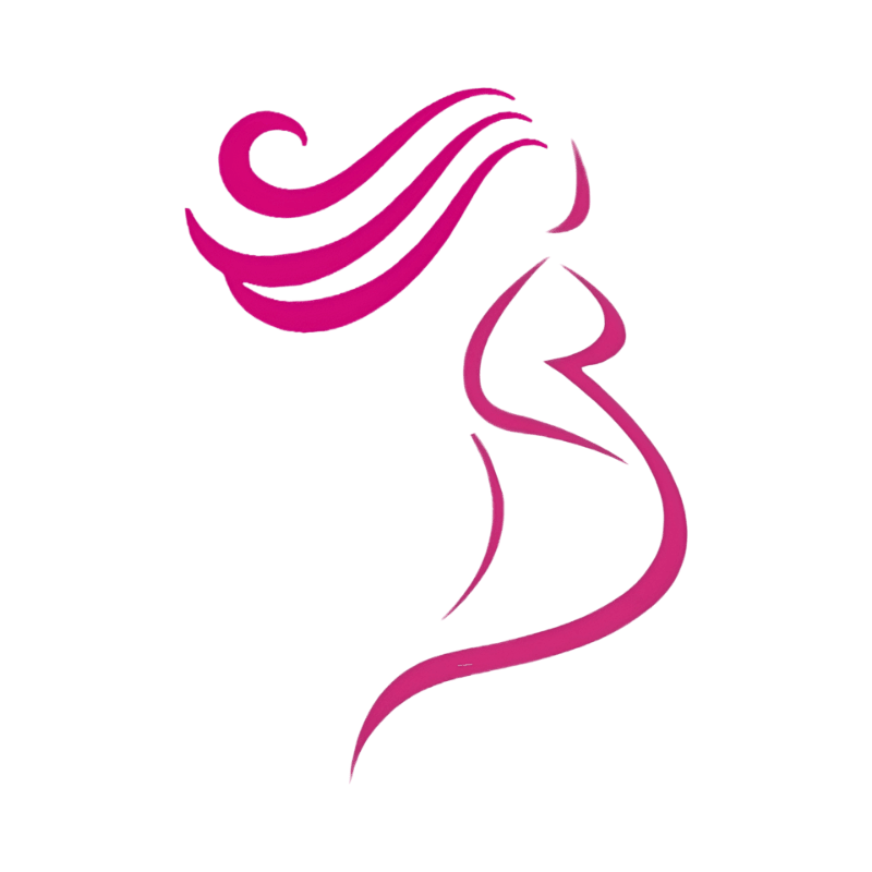 A pink silhouette of a pregnant woman with flowing hair is set against a white background.