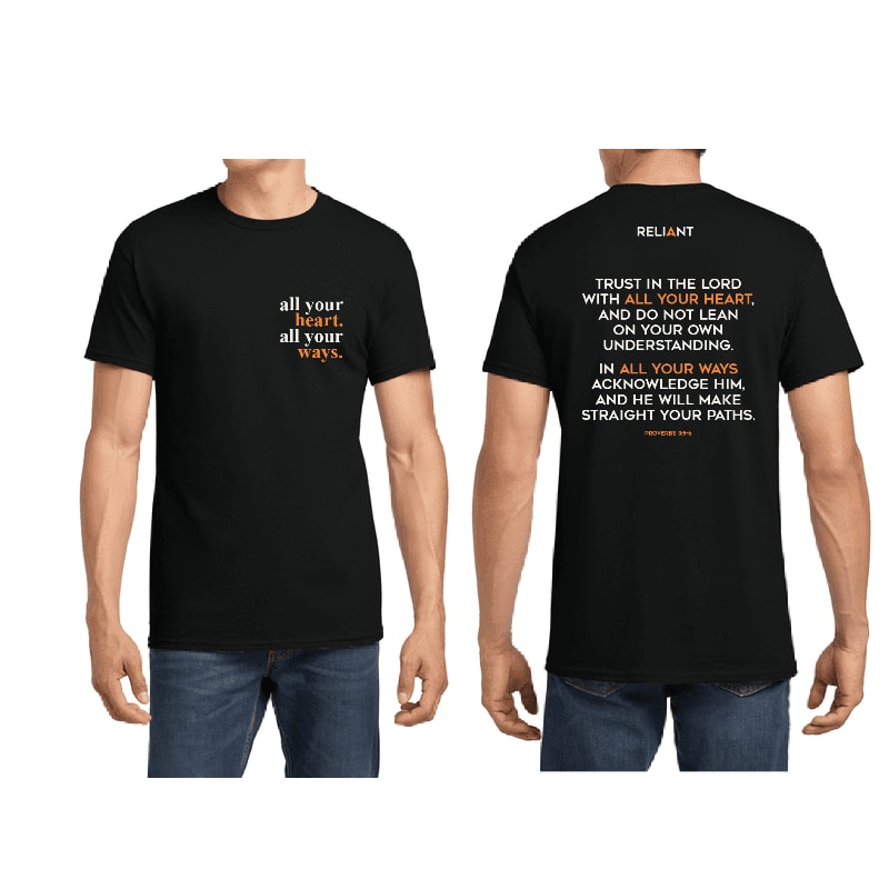 A black t-shirt with text on the front and back is displayed on a white background.
