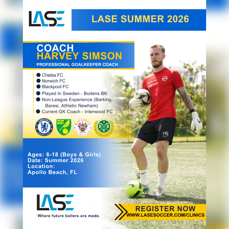 A male goalkeeper coach stands on a grassy field in the foreground, holding a soccer ball, while the background features a blue banner with event details and logos.