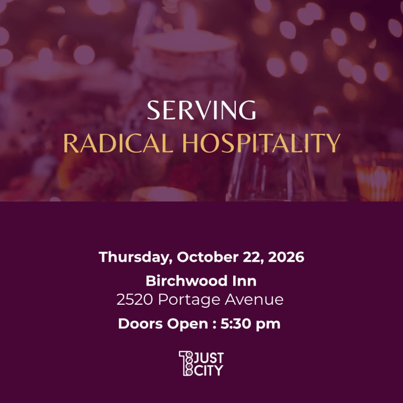 A blurred background of a festive table setting with bokeh lights complements the text "SERVING RADICAL HOSPITALITY" and event details below.