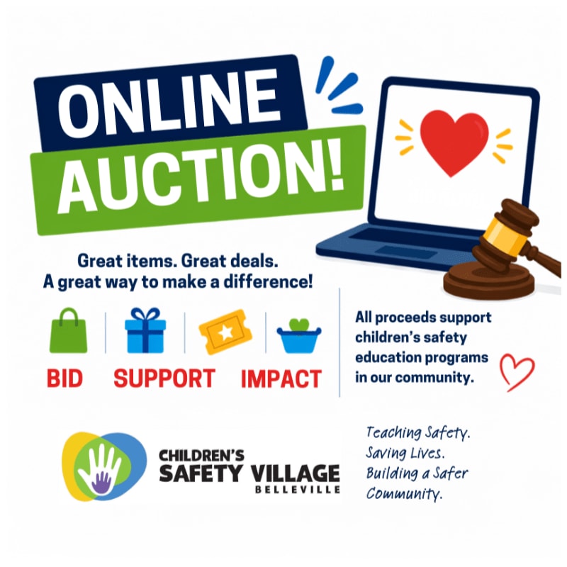 A laptop displaying a heart and a gavel are in the foreground, with the words "ONLINE AUCTION!" and details about supporting children's safety programs in the background.