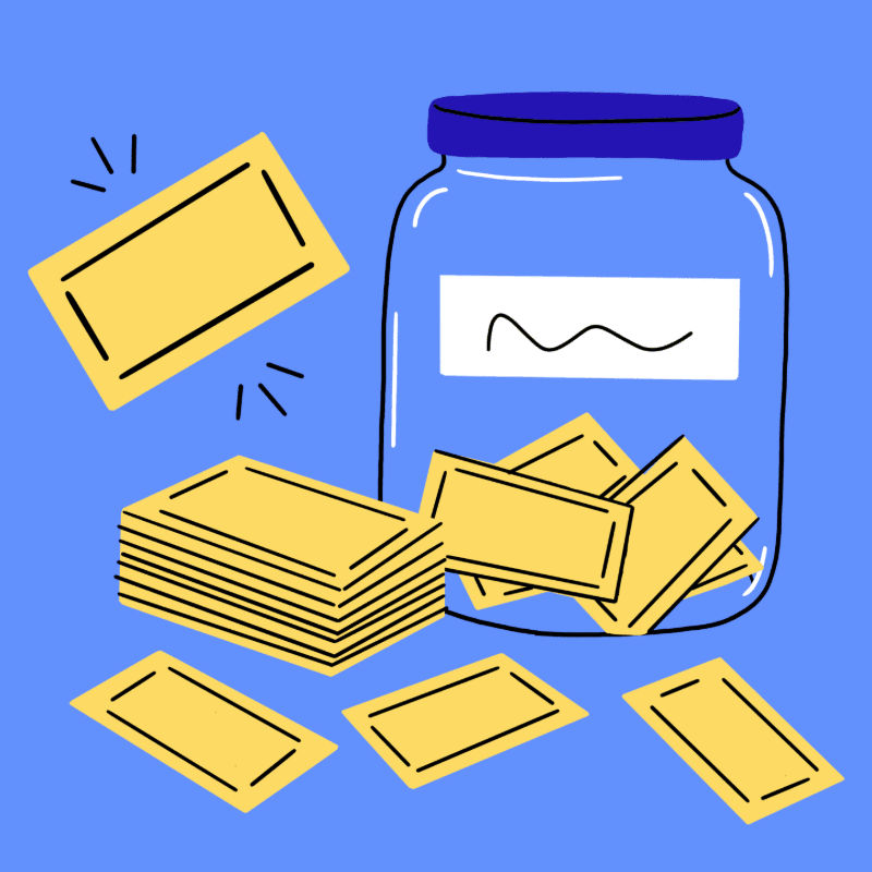 A glass jar filled with yellow tickets sits next to a stack of tickets and scattered tickets on a blue background.