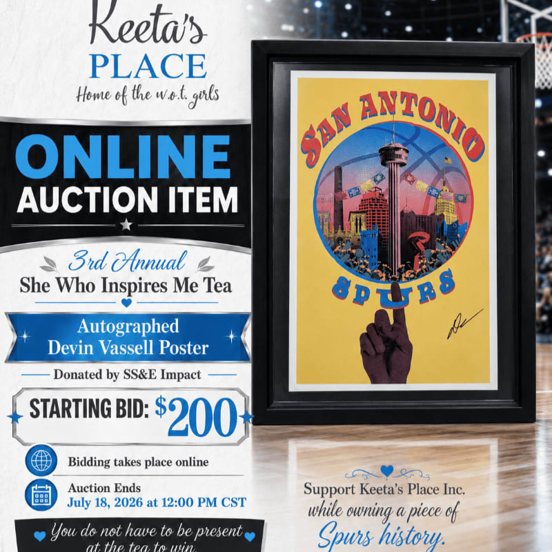 A framed San Antonio Spurs poster is displayed in the foreground, with auction details for an online event in the background.