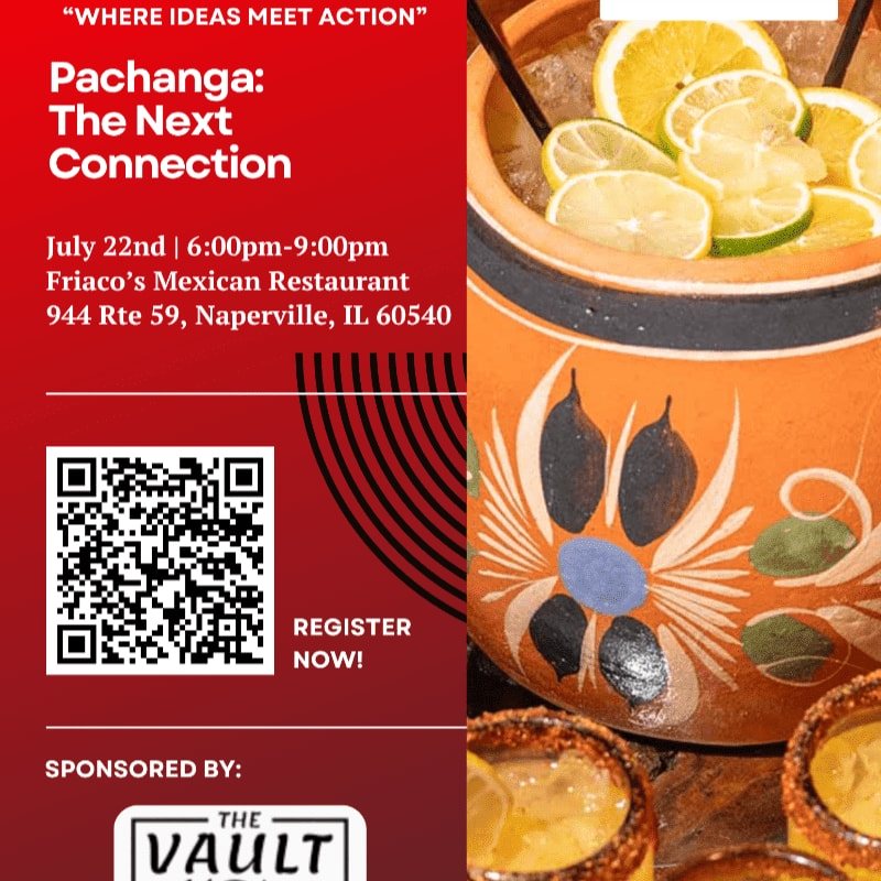A red flyer with event details and a QR code is on the left, while a close-up of a drink with citrus slices and a decorative pot is on the right.