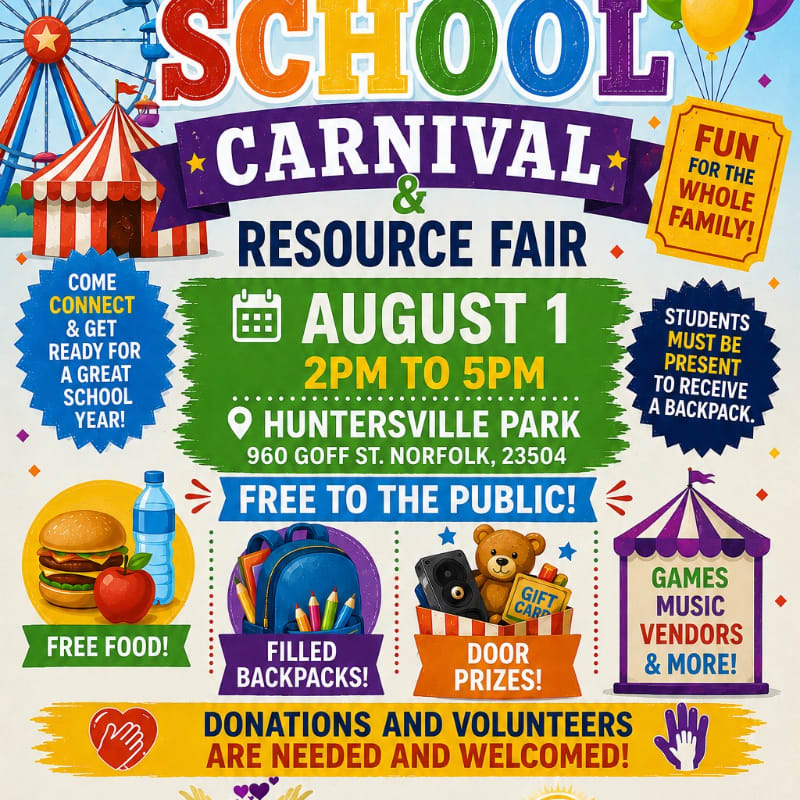 A colorful carnival poster advertises a school resource fair with a Ferris wheel and circus tent in the background, and images of food, backpacks, and prizes in the foreground.