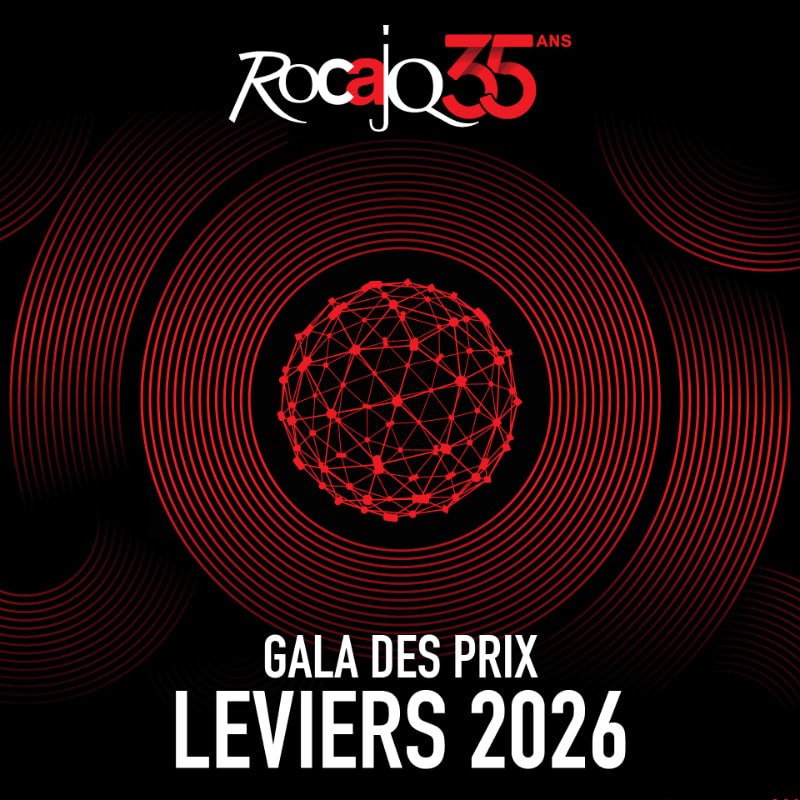A red, glowing sphere with interconnected lines is centered against a dark background with concentric red circles, above text that reads "GALA DES PRIX LEVIERS 2026".