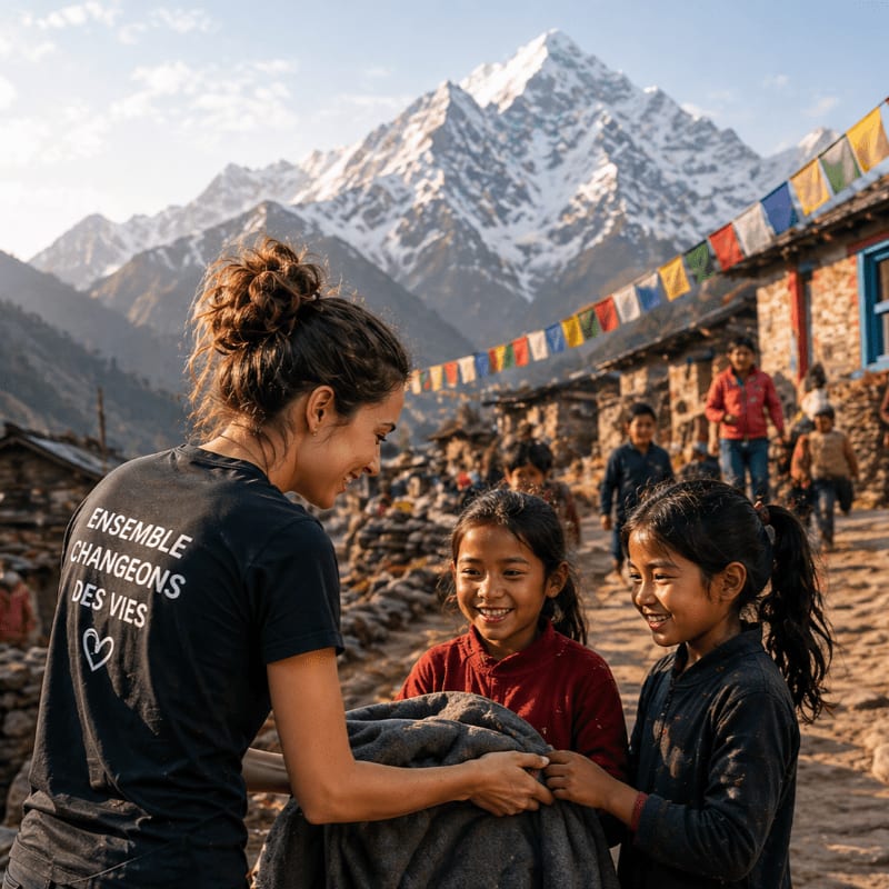 A woman in a black t-shirt with text on it hands a blanket to two smiling young girls in the foreground, while a village with prayer flags and a snow-capped mountain are visible in the background.
