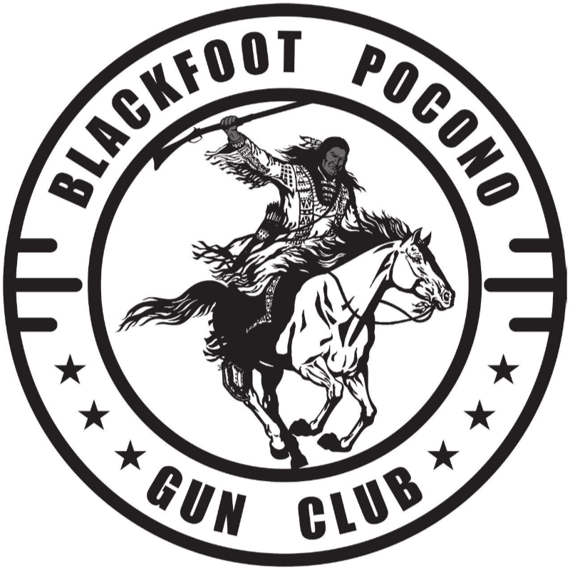 A black and white circular logo features a Native American on horseback in the foreground, with the words "BLACKFOOT POCONO GUN CLUB" encircling the image in the background.