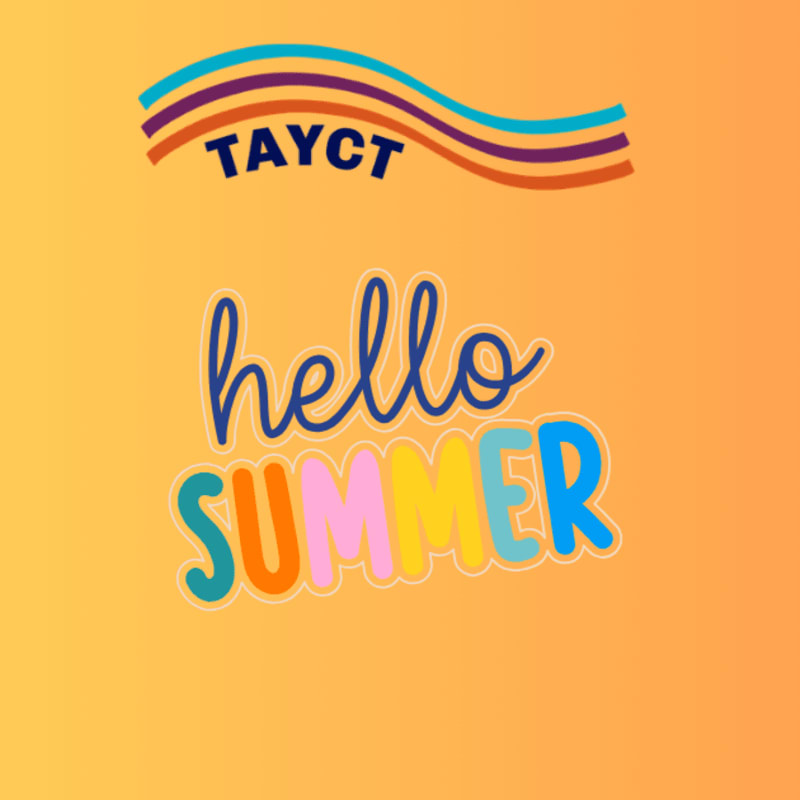 Colorful text reading "hello SUMMER" is layered over a gradient orange background, with a rainbow-like arc and the word "TAYCT" above it.