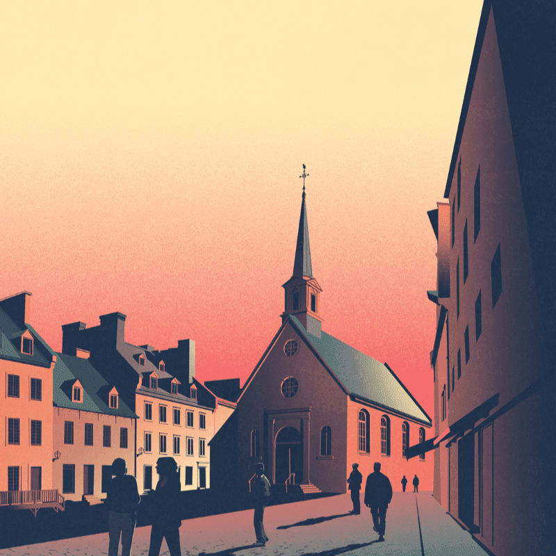 Silhouetted figures walk down a street lined with buildings towards a church under a gradient sky.
