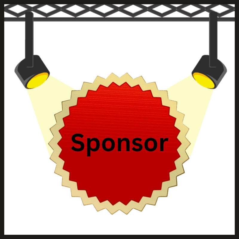Two spotlights illuminate a red, starburst-shaped "Sponsor" badge against a white background framed by a black border and a truss system.