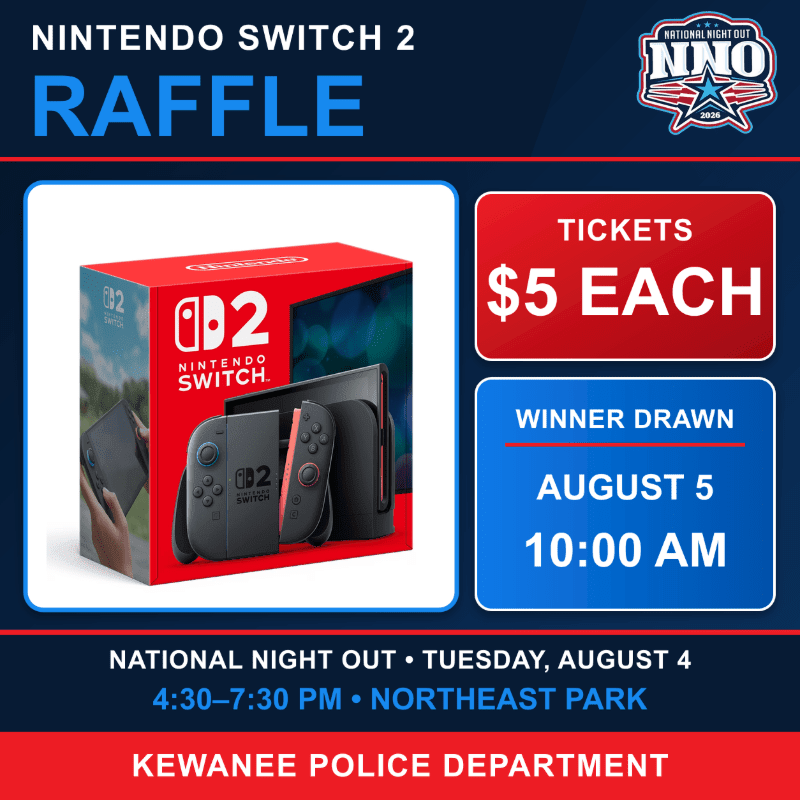 A Nintendo Switch 2 raffle is advertised with the prize prominently displayed in the foreground, set against a background of event details and the National Night Out logo.