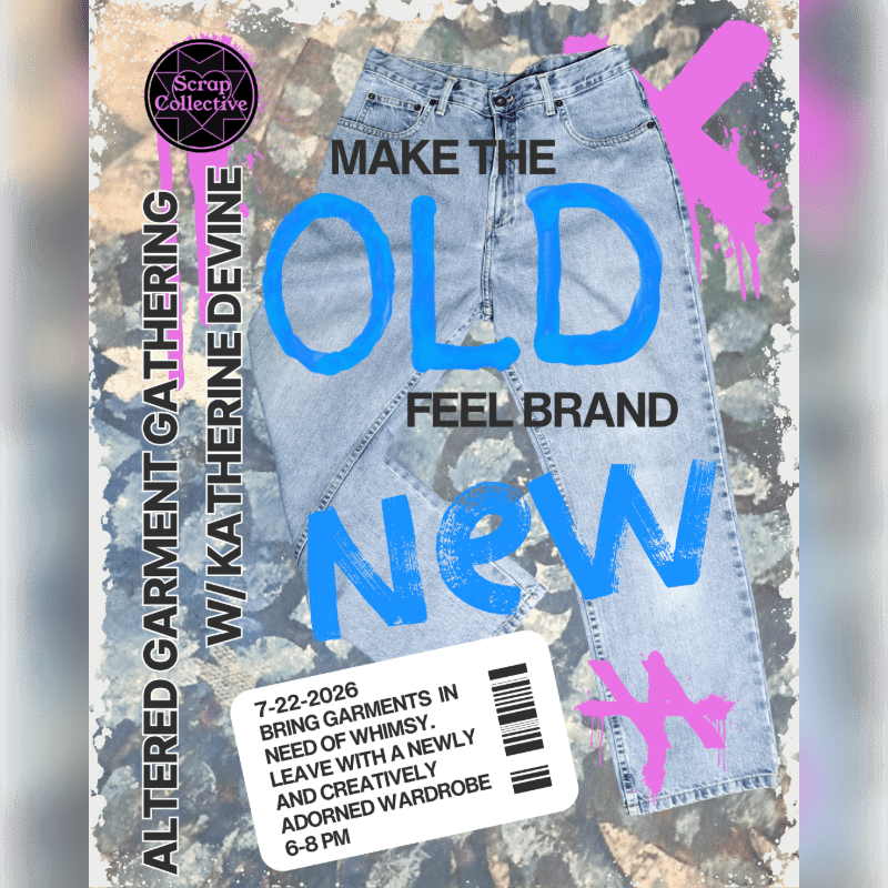 A pair of light-wash denim jeans with bold blue text overlaying them is featured in the foreground, while a textured, abstract background with pink and purple accents completes the image.