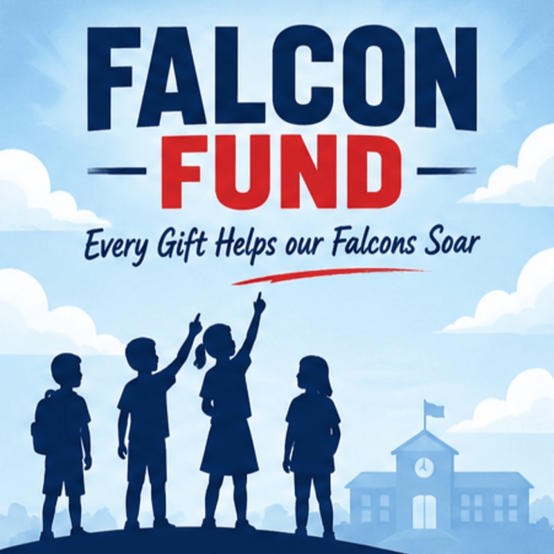 Silhouetted children point towards the "FALCON FUND" logo against a bright sky with clouds, with a school building in the background.