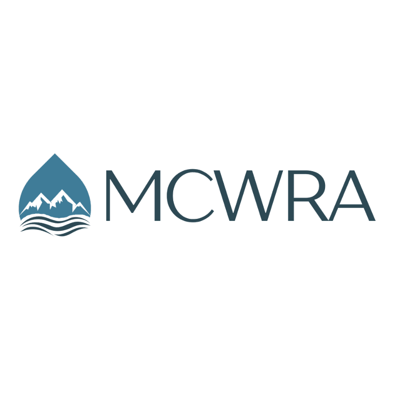 A blue water droplet containing mountains and waves sits to the left of the dark blue text "MCWRA" on a white background.