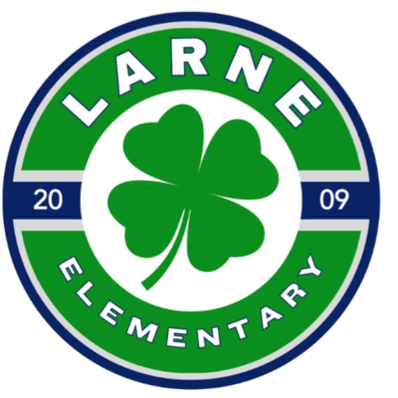 A green four-leaf clover is centered within a circular logo that reads "LARNE ELEMENTARY" and displays "20" and "09" on either side.