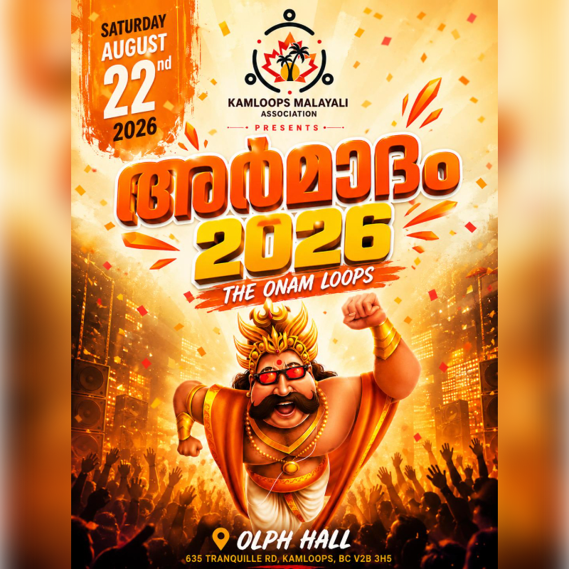 A vibrant poster for "Armadam 2026: The Onam Loops" features a cartoon king in the foreground with a cheering crowd below, set against a backdrop of illuminated buildings and confetti.