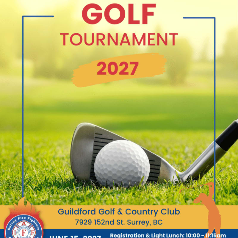 A golf club and ball rest on lush green grass in the foreground, with a blurred sunny golf course in the background, advertising a tournament in 2027.