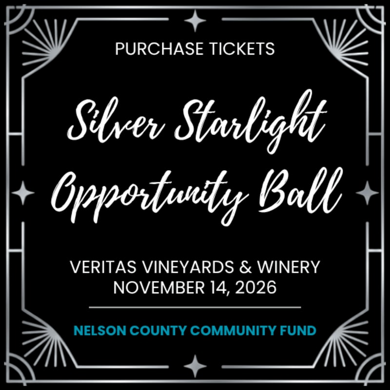 A black background with silver art deco borders frames text announcing the "Silver Starlight Opportunity Ball" at Veritas Vineyards & Winery on November 14, 2026, for the Nelson County Community Fund.