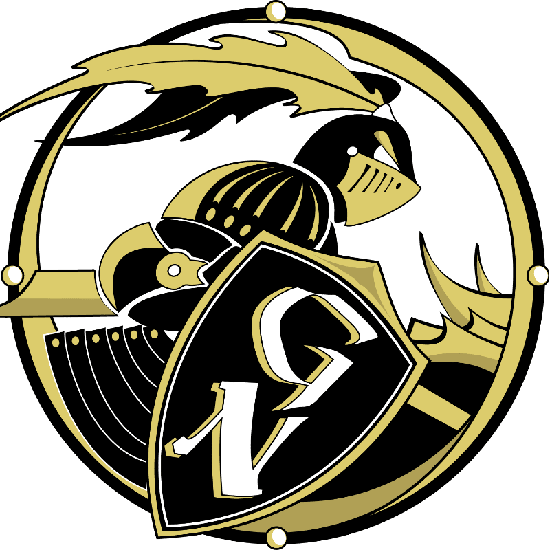 A black and gold knight in armor charges forward with a shield bearing the letters "CV" in the foreground, set within a circular emblem in the background.