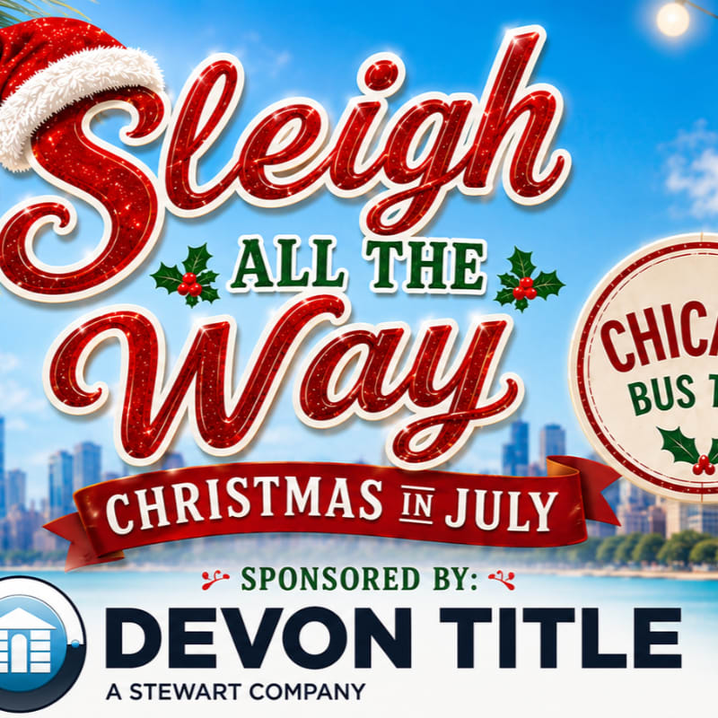 A festive "Sleigh All The Way Christmas in July" advertisement with a Santa hat in the foreground and a city skyline in the background.
